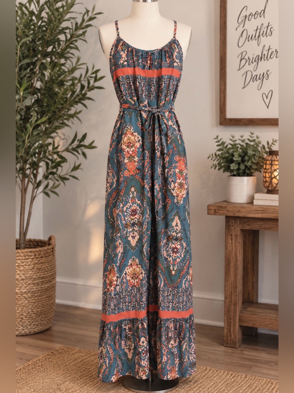 Fate - Bohemian Teal and Coral jumpsuit - Sleeveless Tie-Waist